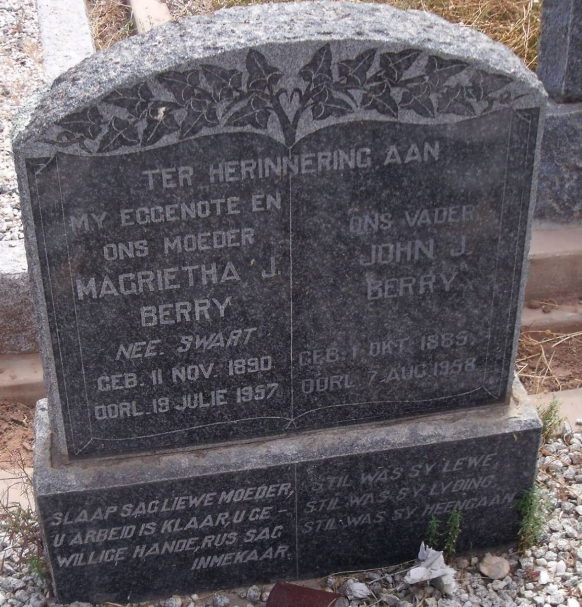 BERRY John J. 1885-1958 &amp; Magrietha J. SWART 1890-1957