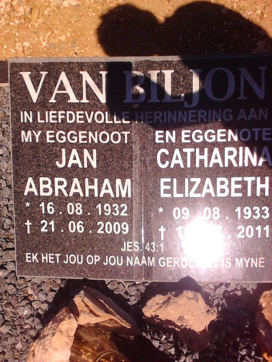 BILJON Jan Abraham, van 1932-2009 &amp; Catharina Elizabeth 1933-2011