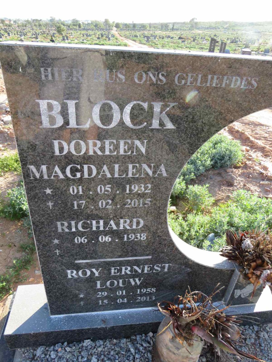 BLOCK Doreen Magdalena 1932-2015 :: BLOCK Richard 1938- :: BLOCK Roy Ernest Louw 1958-2013