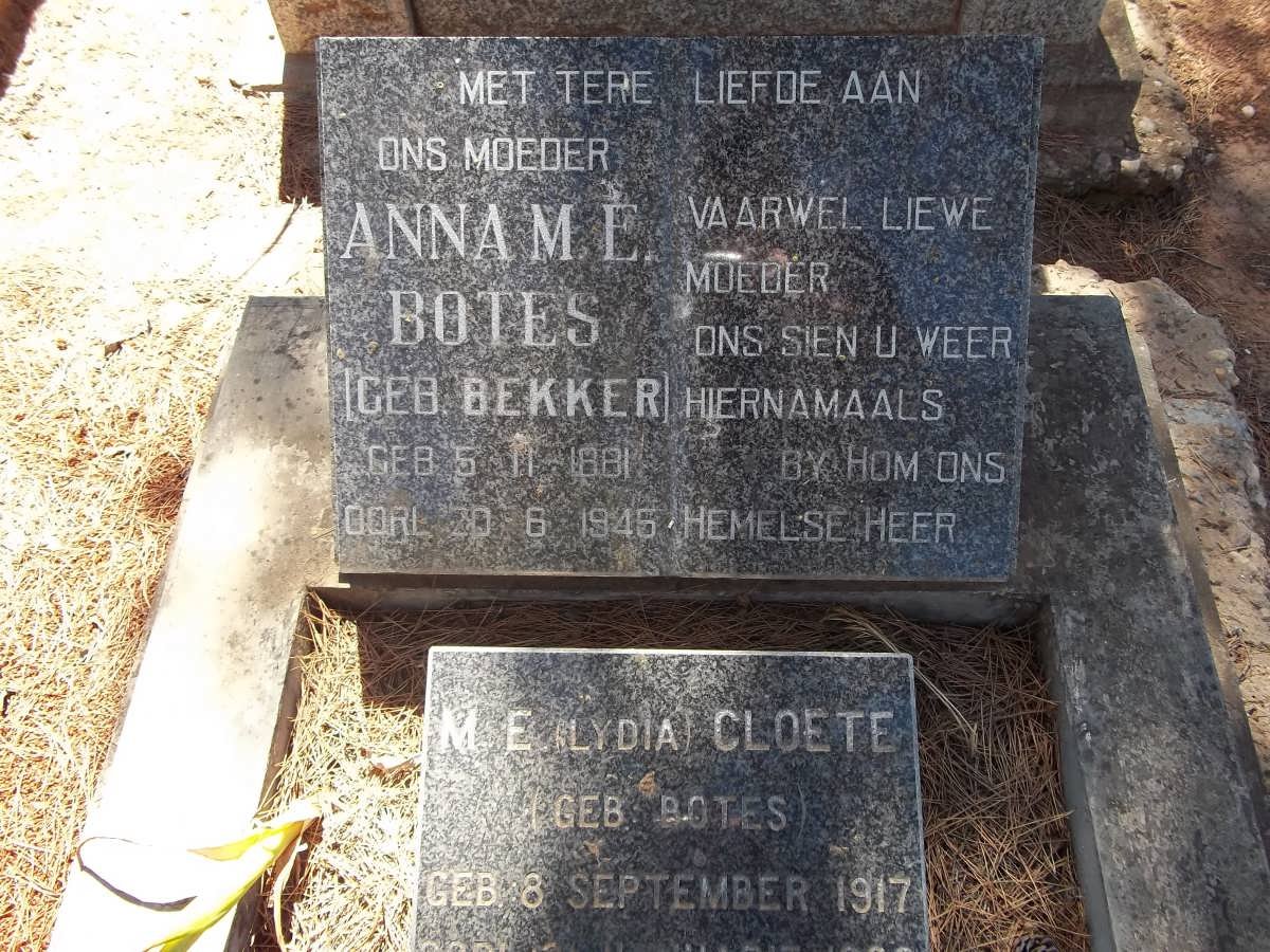 BOTES Anna M.E. nee BEKKER 1881-1946 :: CLOETE M.E. nee BOTES 1917-