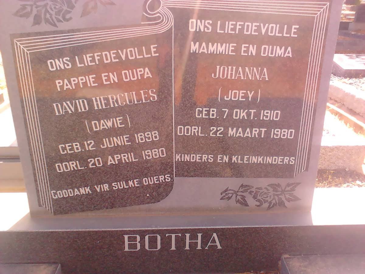 BOTHA David Hercules 1898-1980 &amp; Johanna 1910-1980