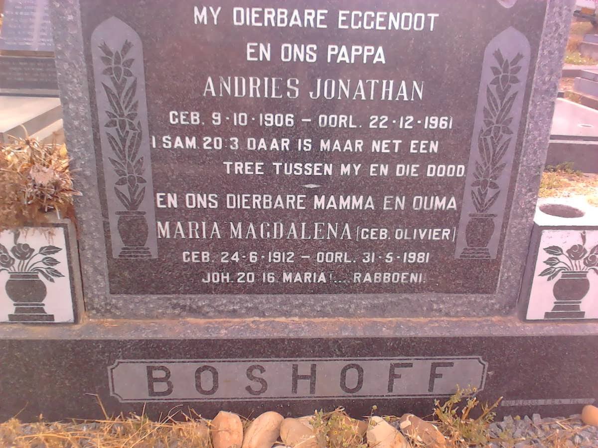 BOSHOFF Andries Jonathan 1906-1961 &amp; Maria Magdalena OLIVIER 1912-1981