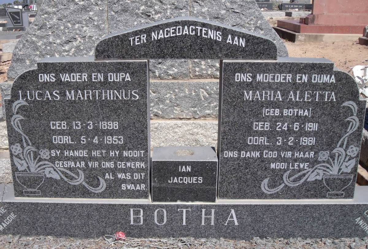 BOTHA Lucas Marthinus 1898-1953 &amp; Maria Aletta BOTHA 1911-1981