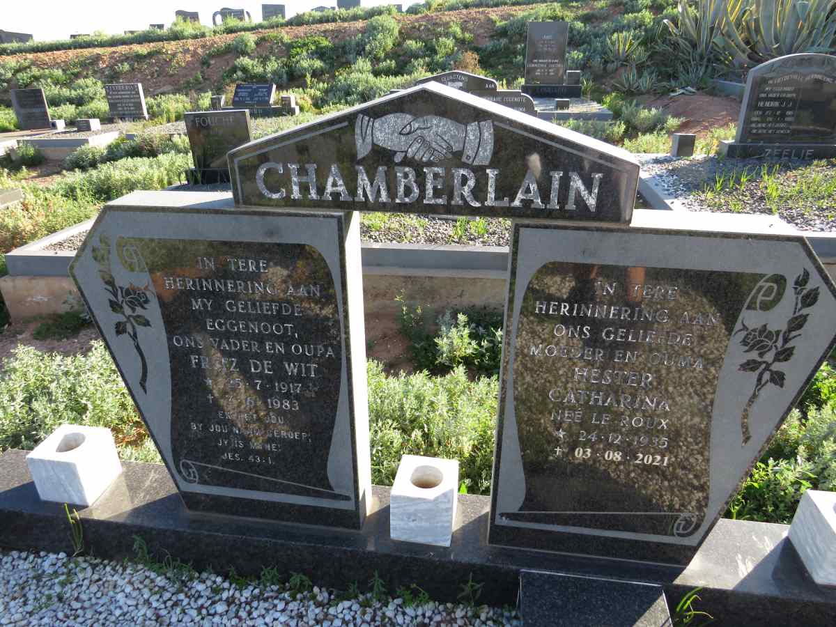 CHAMBERLAIN Fritz De Wit 1917-1983 & Hester Catharina LE ROUX 1935-2021
