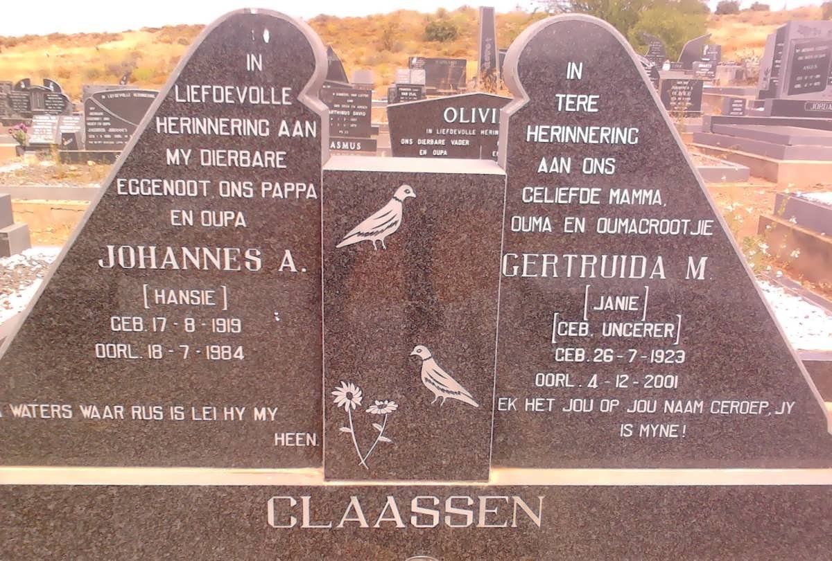 CLAASSEN Johannes A. 1919-1984 &amp; Gertruida M. UNGERER 1923-2001
