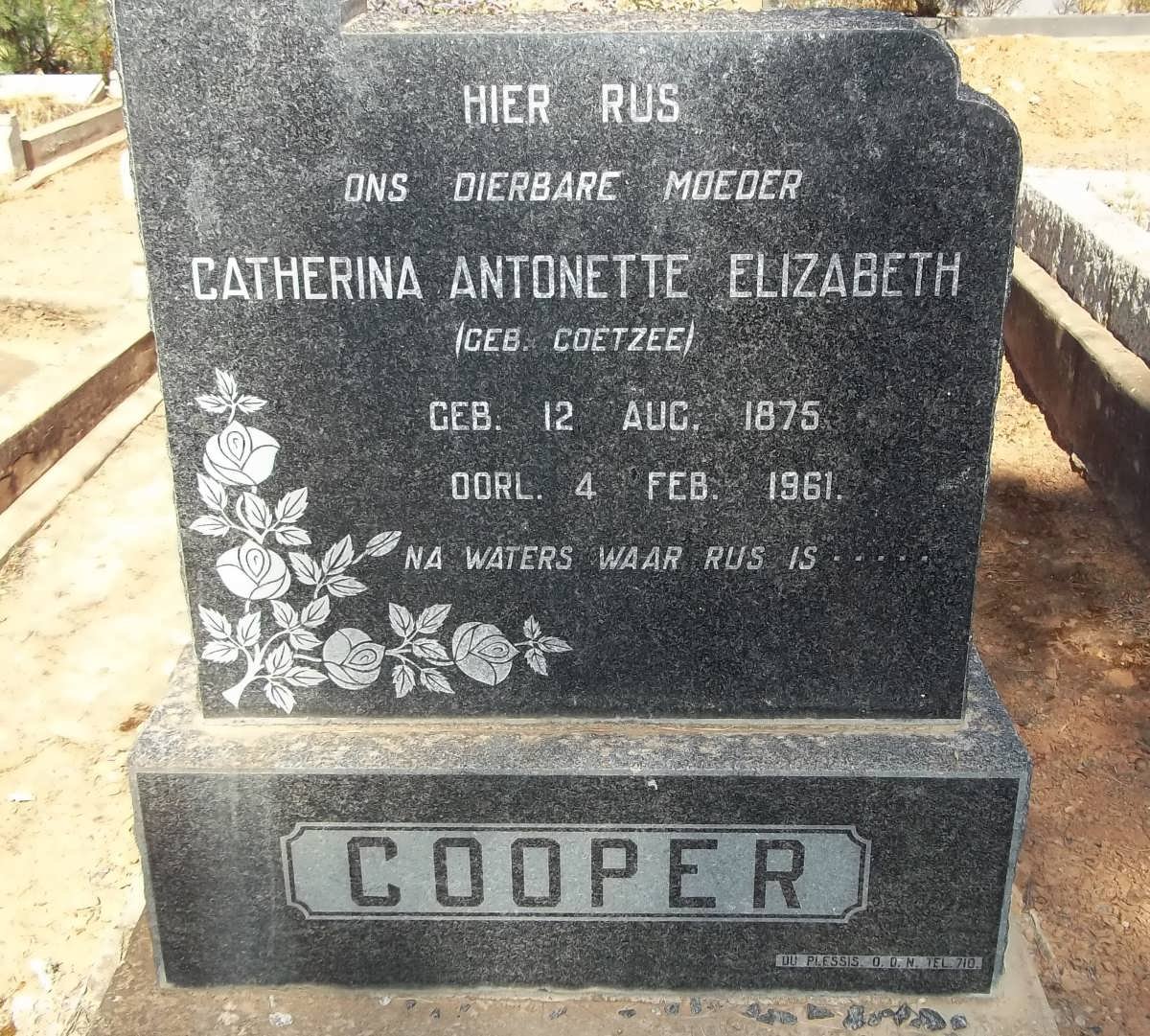 COOPER Catherina Antonette Elizabeth nee COETZEE 1875-1961
