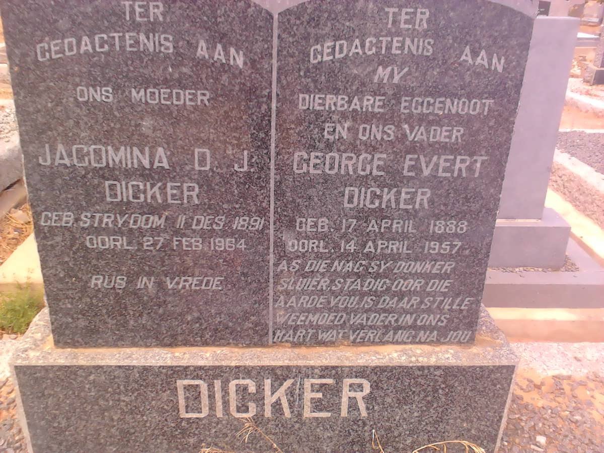 DICKER George Evert 1888-1957 &amp; Jacomina D.J. STRYDOM 1891-1964