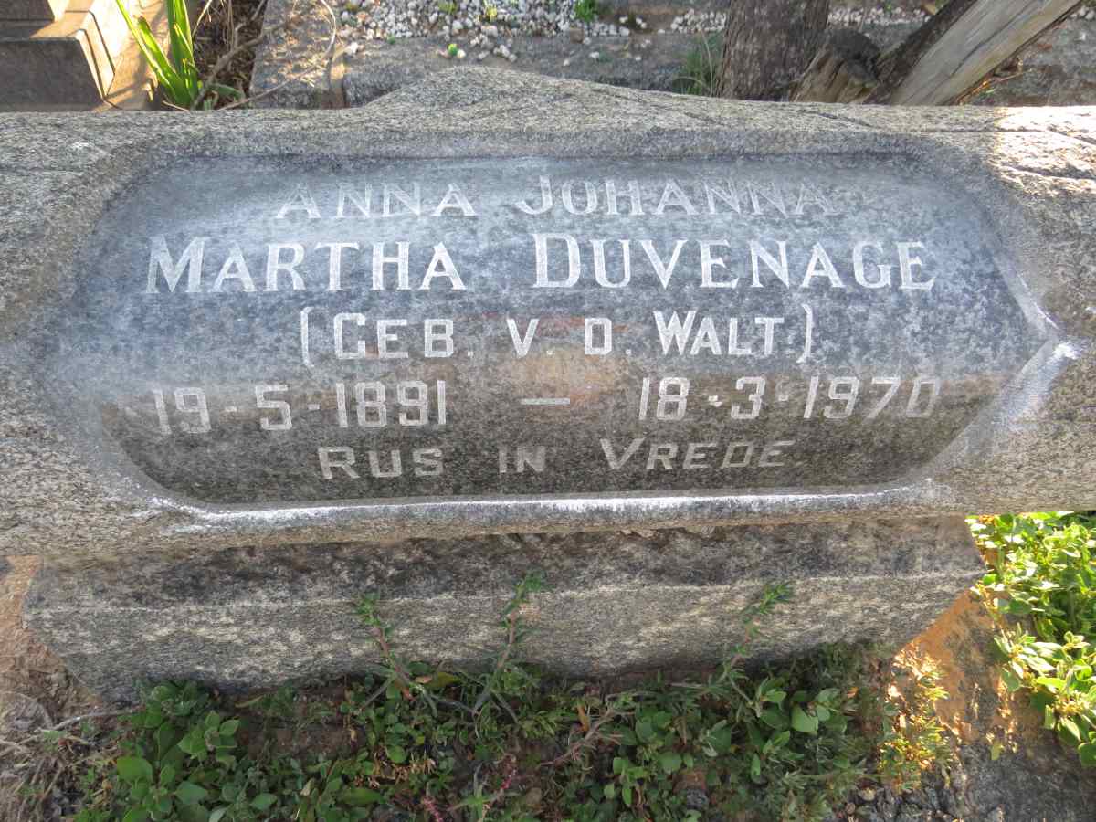 DUVENAGE Anna Johanna Martha nee V.D. WALT 1891-1970