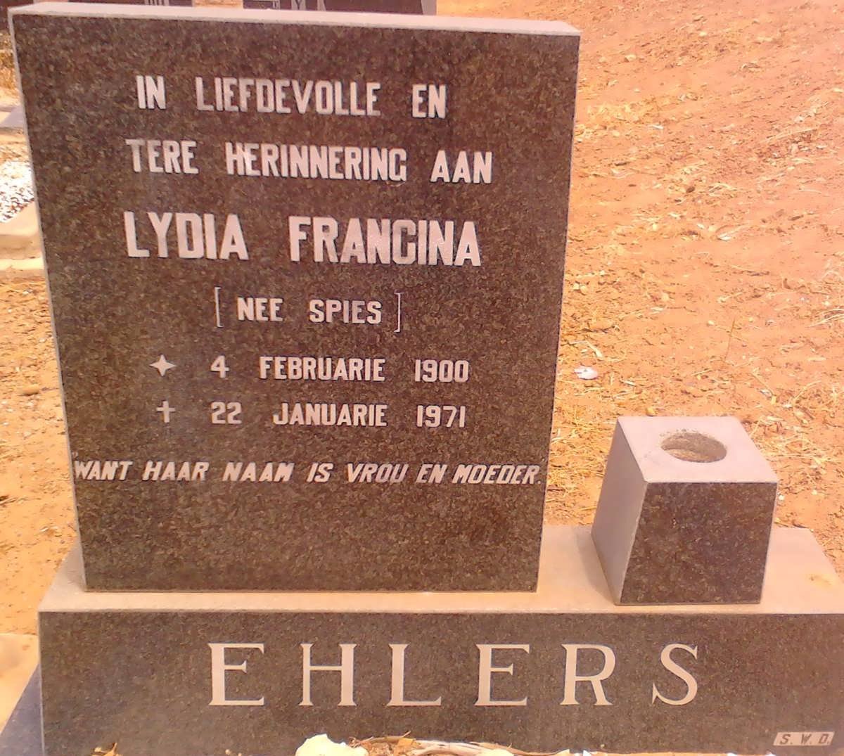 EHLERS Lydia Francina nee SPIES 1900-1971