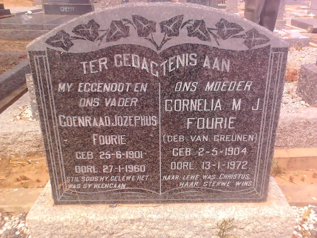 FOURIE Coenraad Jozephus 1901-1960 &amp; Cornelia M.J. VAN GREUNEN 1904-1972