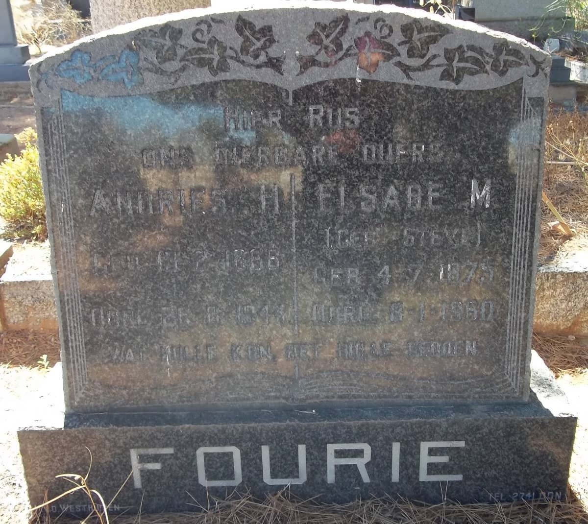 FOURIE Andries H. 1866-1944 &amp; Elsabe M. STEYN 1875-1950