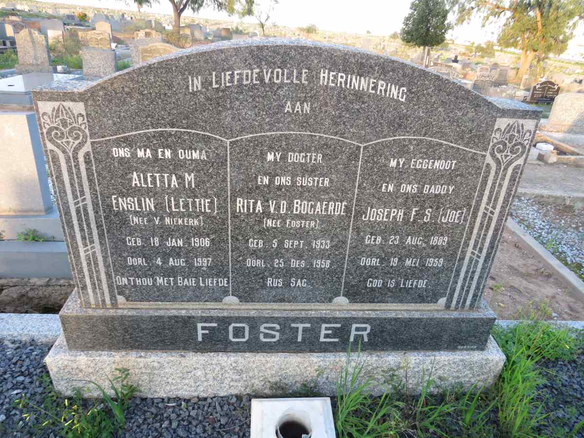 FOSTER Joseph F.S. 1889-1959 & Aletta M. Enslin V. NIEKERK 1906-1997 :: BOGAERDE Rita, v.d. nee FOSTER 1933-1958