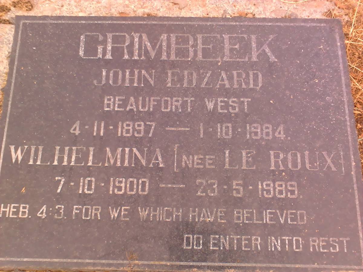 GRIMBEEK John Edzard 1897-1984 &amp; Wilhelmina LE ROUX 1900-1989