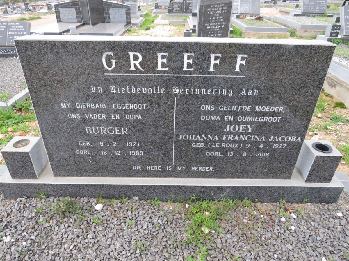GREEFF Burger 1921-1989 & Johanna Francina Jacoba LE ROUX 1927-2018