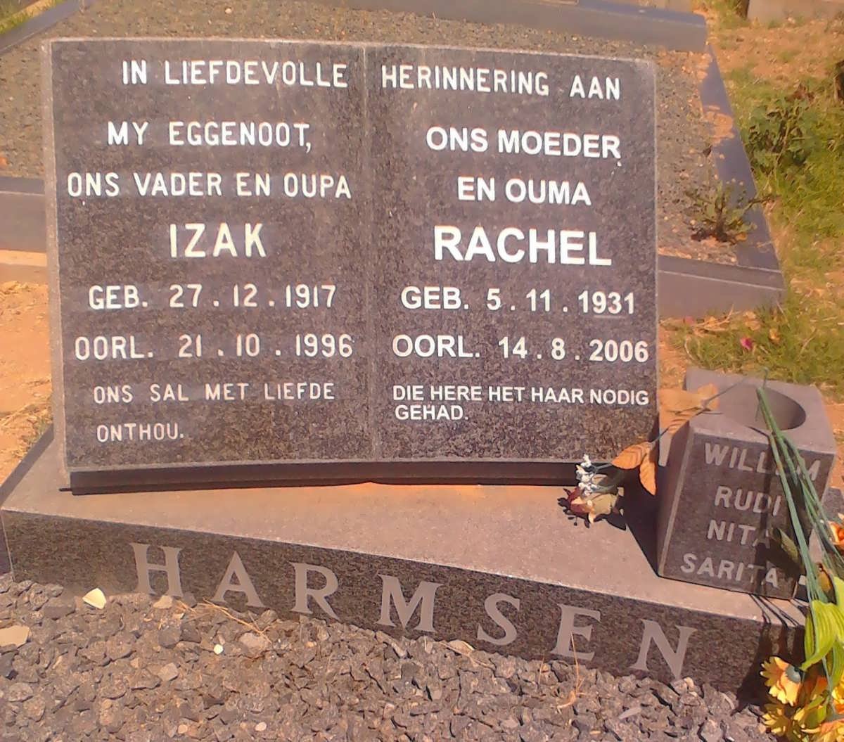 HARMSEN Izak 1917-1996 &amp; Rachel 1931-2006
