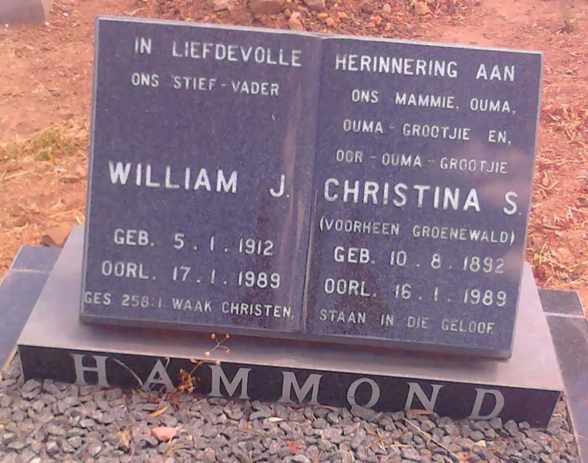 HAMMOND William J. 1912-1989 &amp; Christina S. GROENEWALD 1982-1989