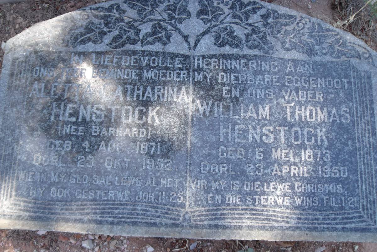 HENSTOCK William Thomas 1873-1950 &amp; Aletta Catharina BARNARD 1881-1952