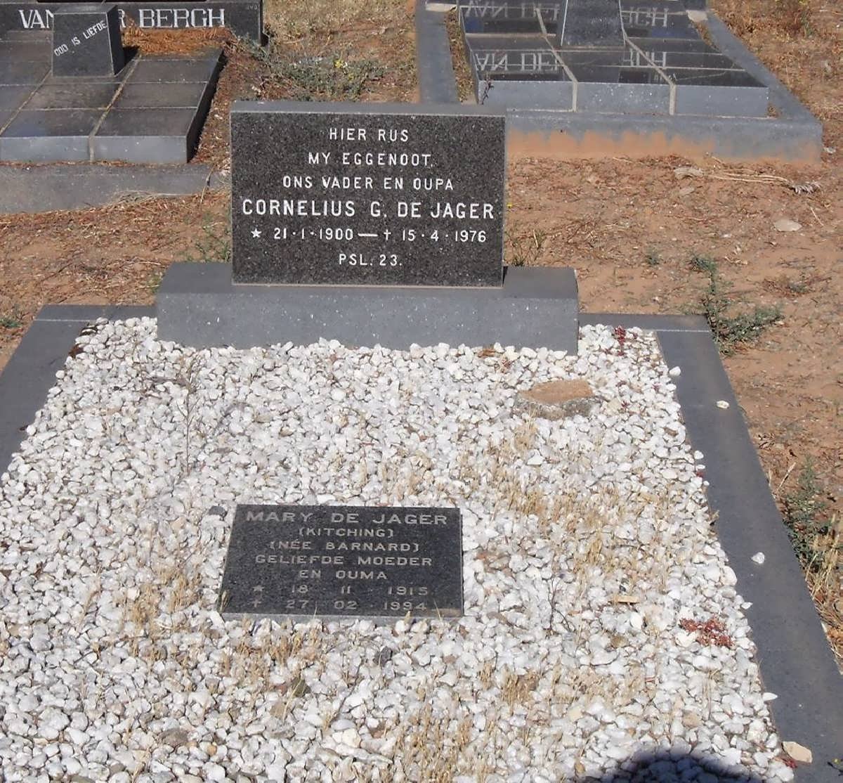 JAGER Cornelius G., de 1900-1976 &amp; Mary KITCHING nee BARNARD 1915-1994