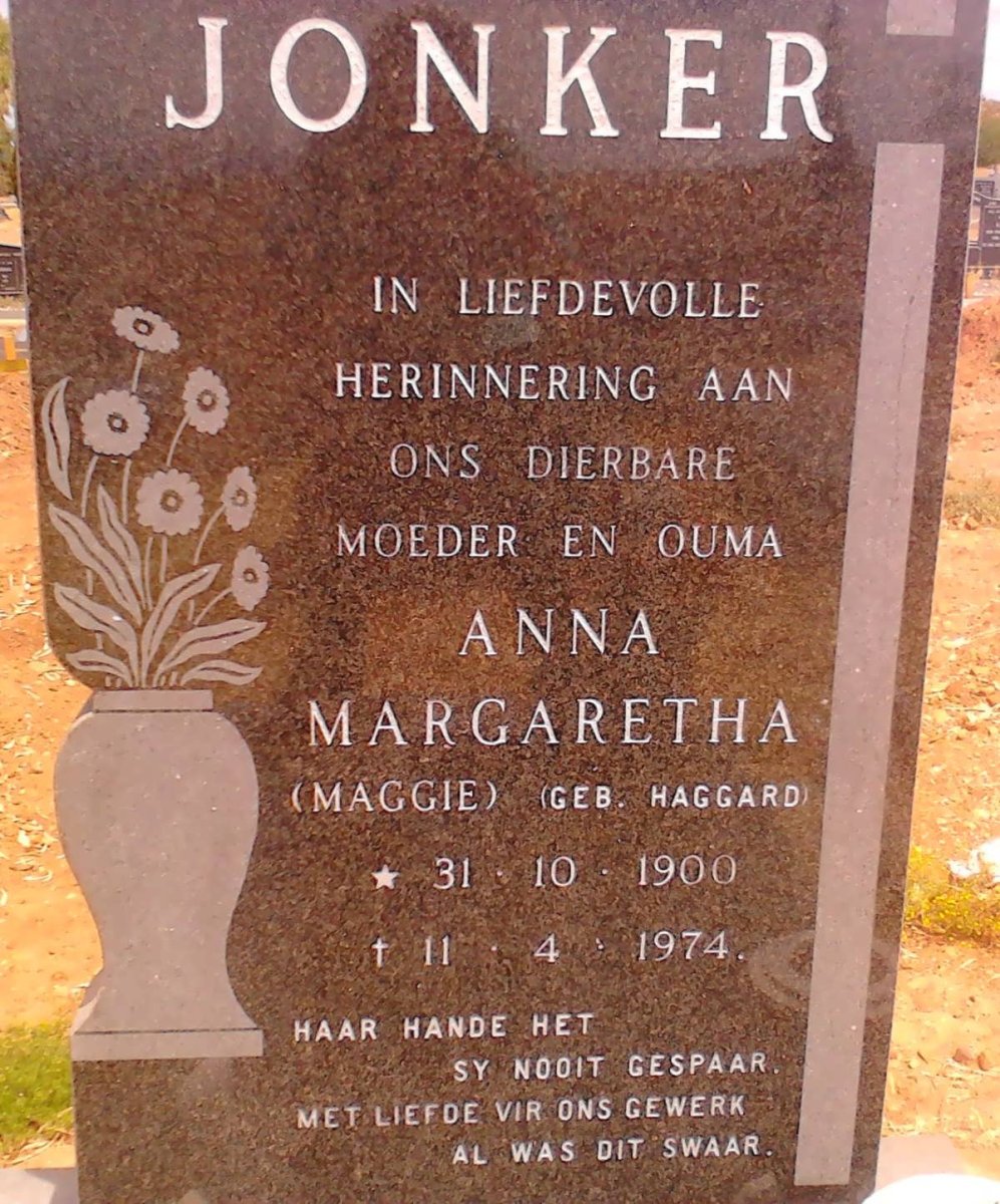 JONKER Anna Margaretha nee HAGGARD 1900-1974