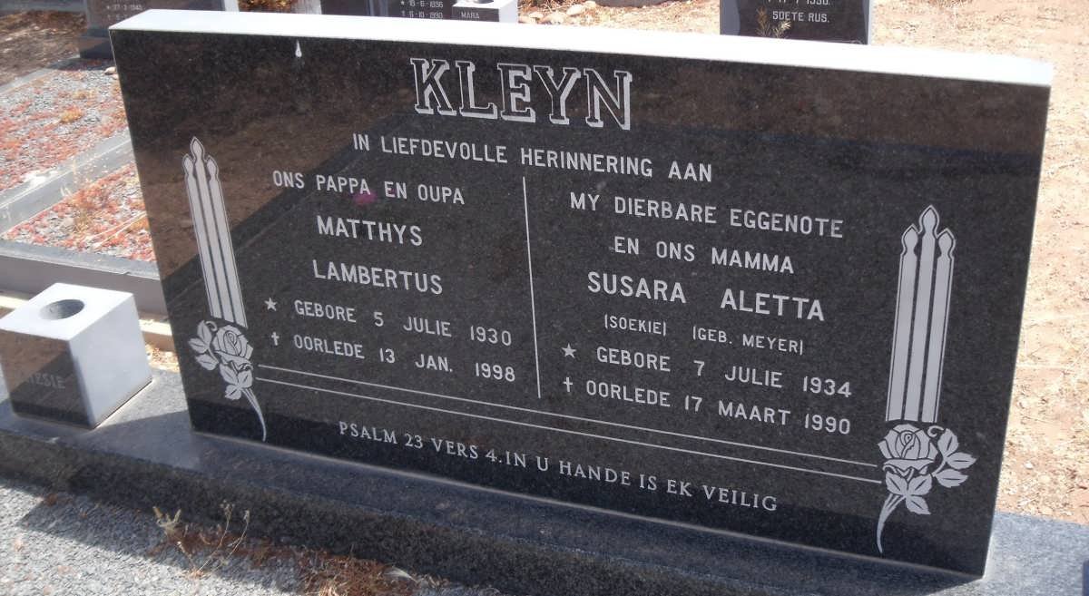 KLEYN Matthys Lambertus 1930-1998 &amp; Susara Aletta MEYER 1934-1990