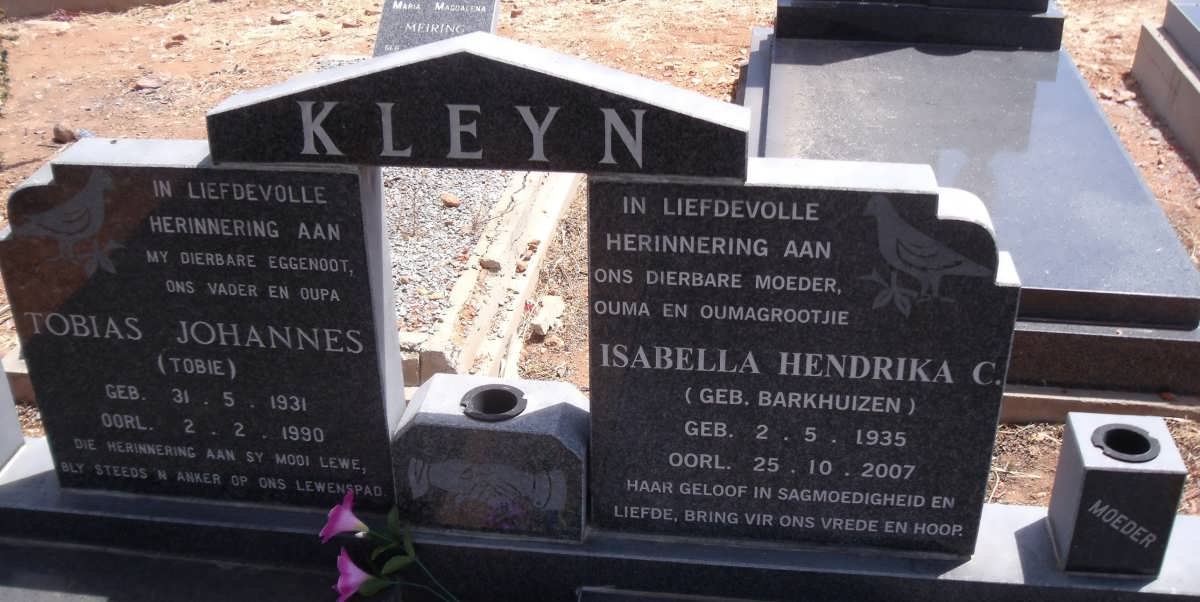 KLEYN Tobias Johannes 1931-1990 &amp; Isabella Hendrika C. BARKHUIZEN 1935-2007
