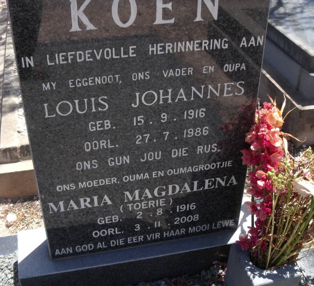 KOEN Louis Johannes 1916-1986 &amp; Maria Magdalena 1916-2008