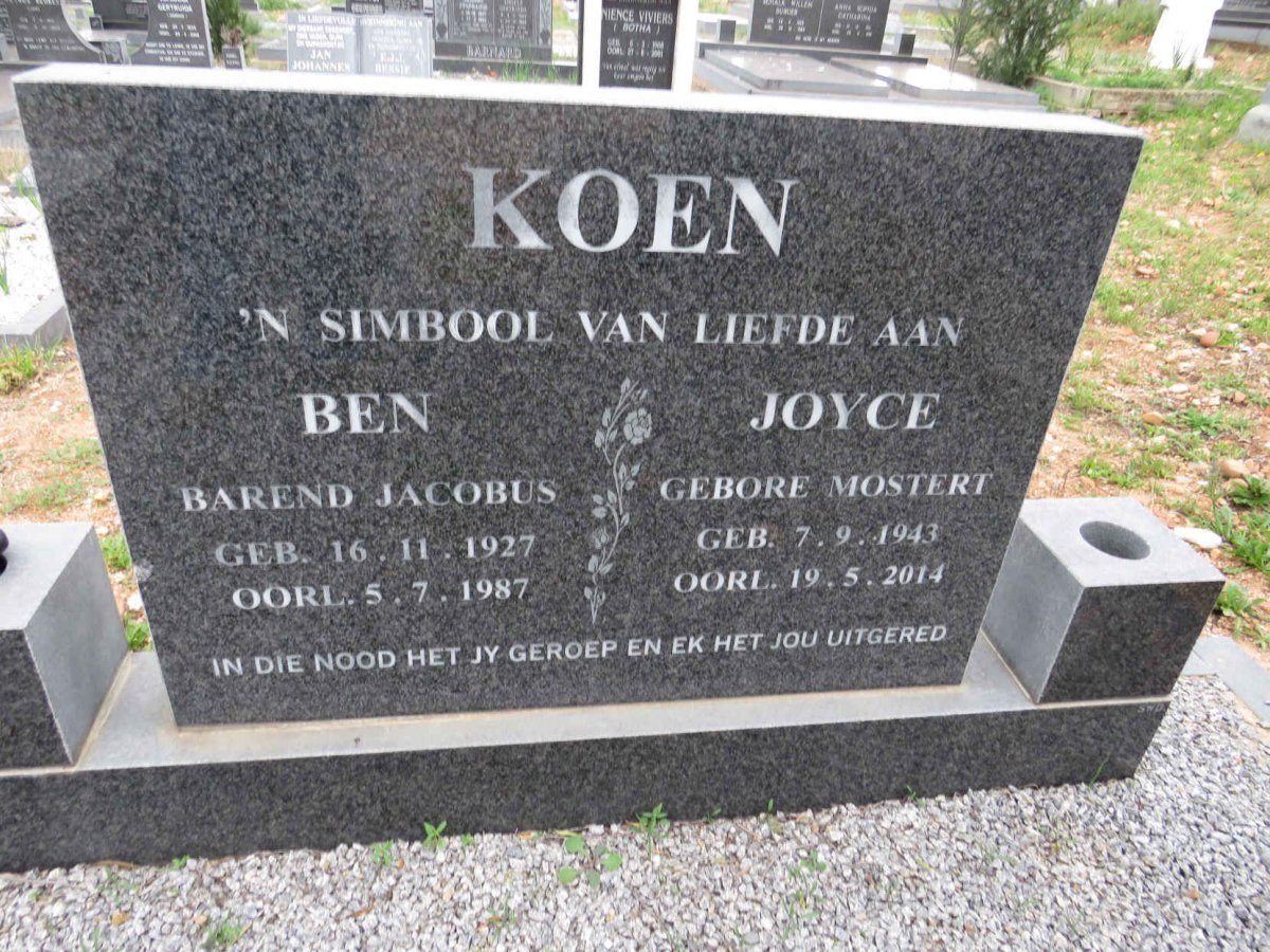 KOEN Barend Jacobus 1927-1987 & Joyce MOSTERT 1943-2014