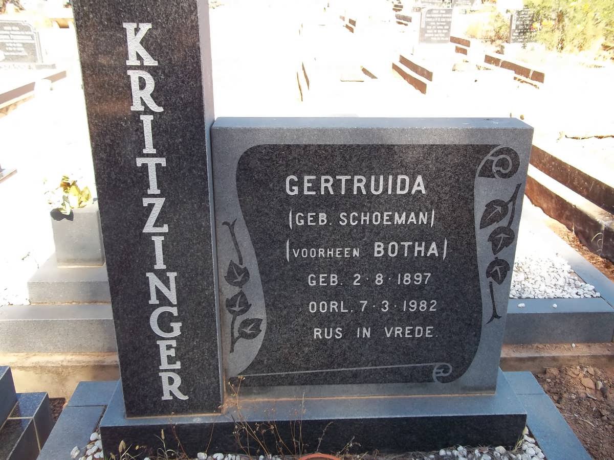 KRITZINGER Gertruida voorheen BOTHA nee SCHOEMAN 1897-1982