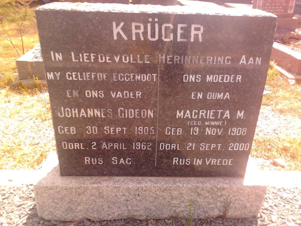 KRUGER Johannes Gideon 1905-1962 &amp; Magrieta M. MINNIE 1908-2000