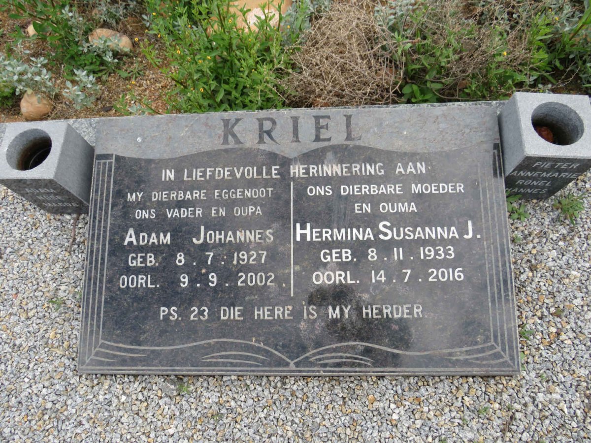 KRIEL Adam Johannes 1927-2002 & Hermina Susanna J.  1933-2016