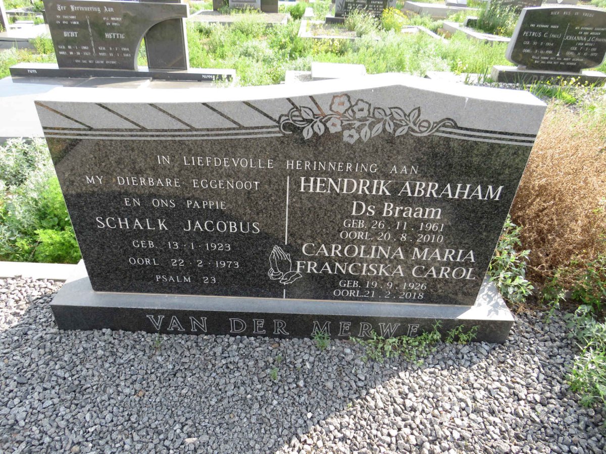 MERWE Schalk Jacobus, van der 1923-1973 :: GERBER Carolina Maria Franciska nee STRYDOM 1926-2018 :: VAN DER MERWE Hendrik Abraham 1961-2010