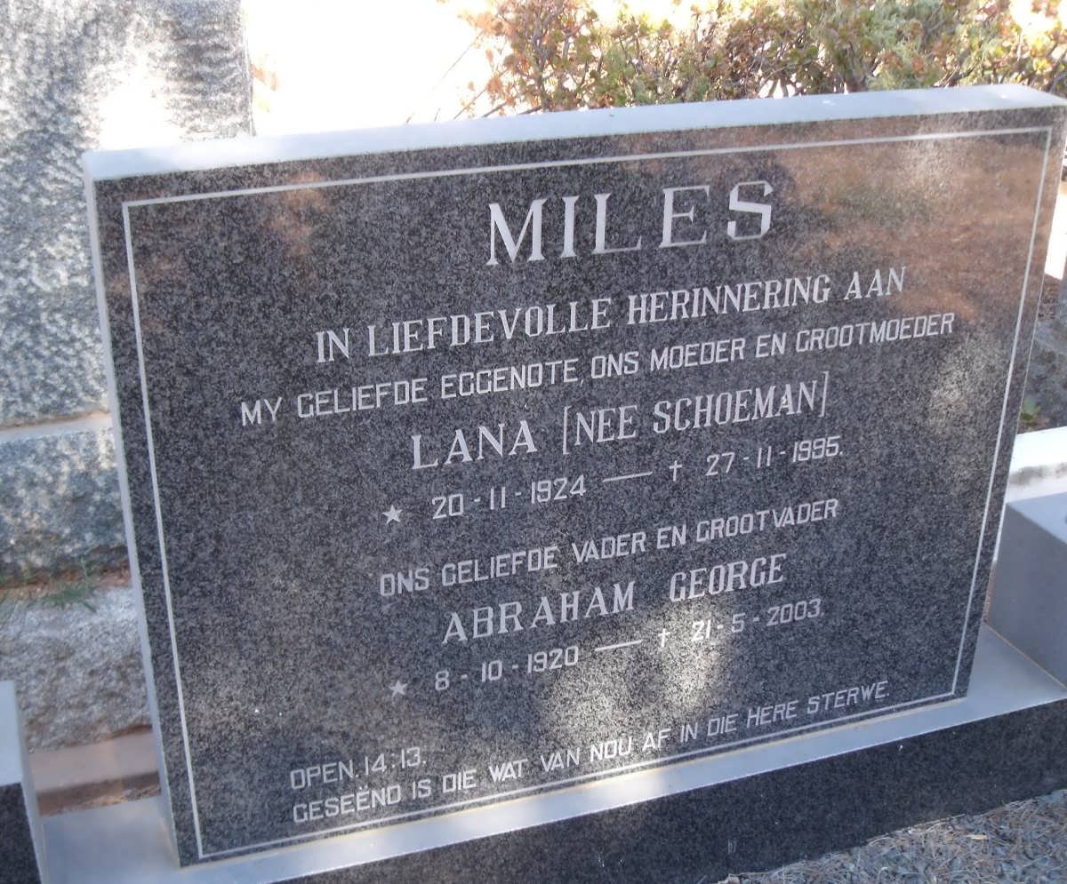 MILES Abraham George 1920-2003 &amp; Lana SCHOEMAN 1924-1995