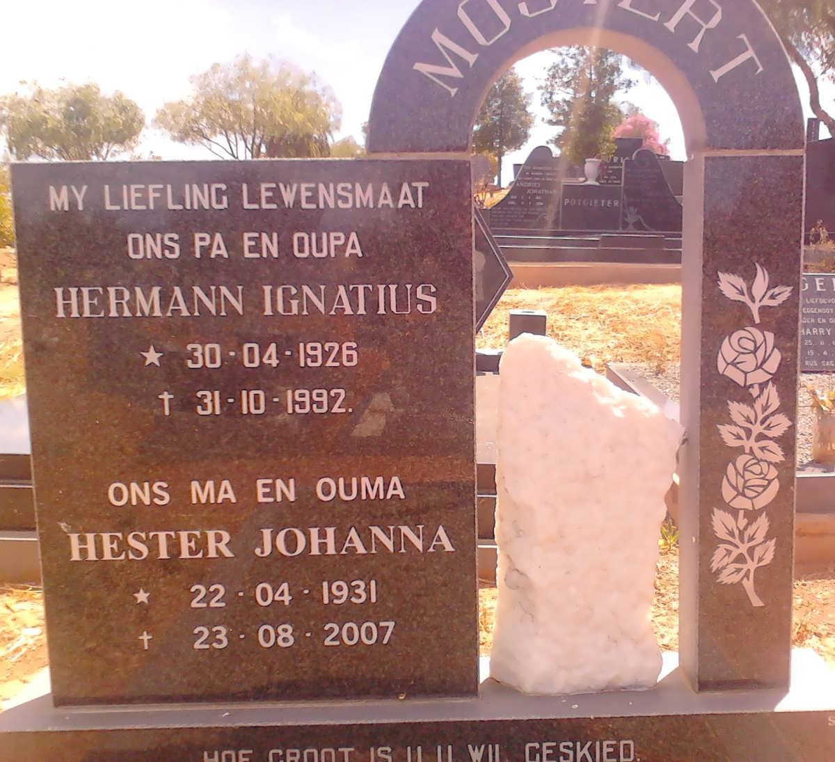 MOSTERT Hermann Ignatius 1926-1992 &amp; Hester Johanna 1931-2007