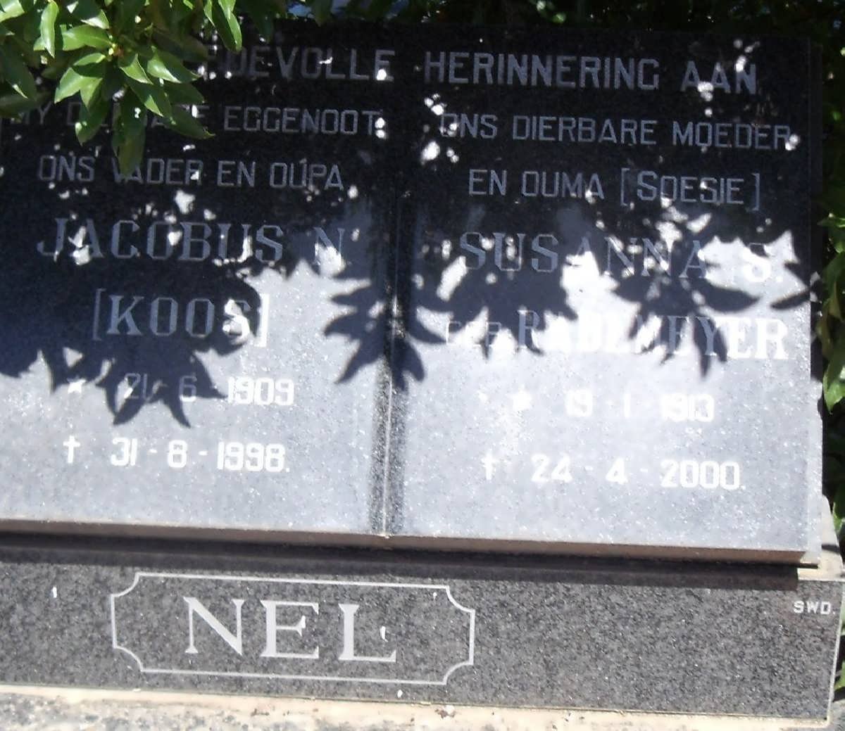 NEL Jacobus 1909-1998 &amp; Susanna S. RADEMEYER 1913-2000