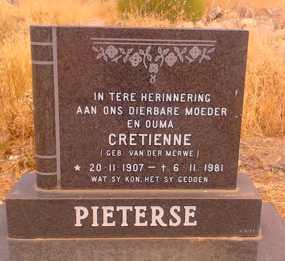 PIETERSE Cretienne nee VAN DER MERWE 1907-1981