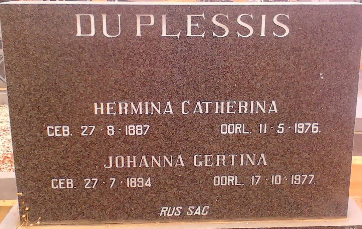 PLESSIS Hermina Catherina, du 1887-1976 :: DU PLESSIS Johanna Gertina 1894-1977