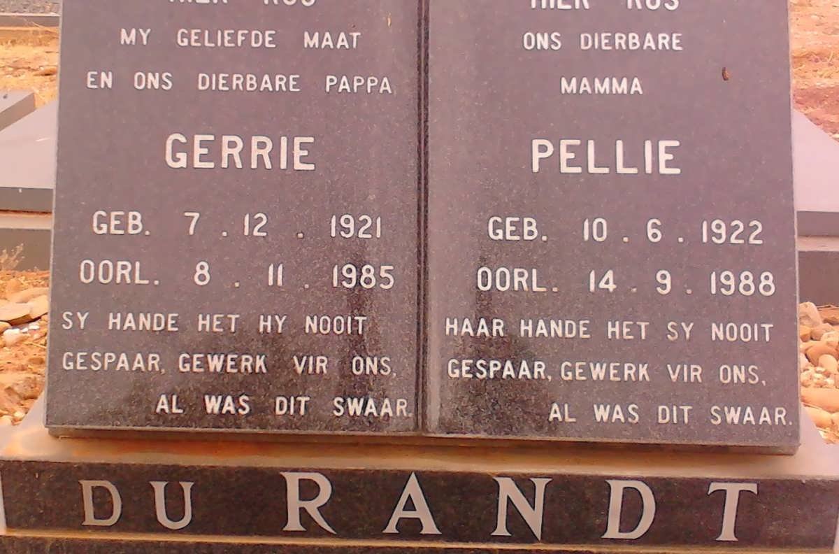 RANDT Gerrie, du 1921-1985 &amp; Pellie 1922-1988