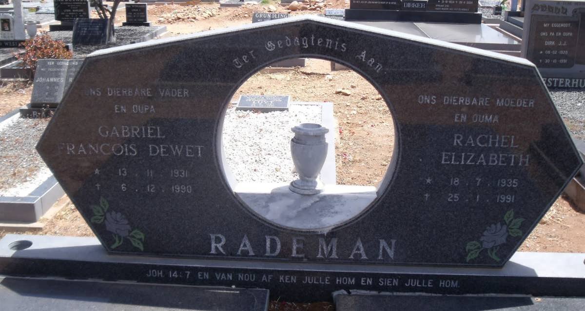 RADEMAN Gabriel Francois de Wet 1931-1990 &amp; Rachel Elizabeth 1935-1991