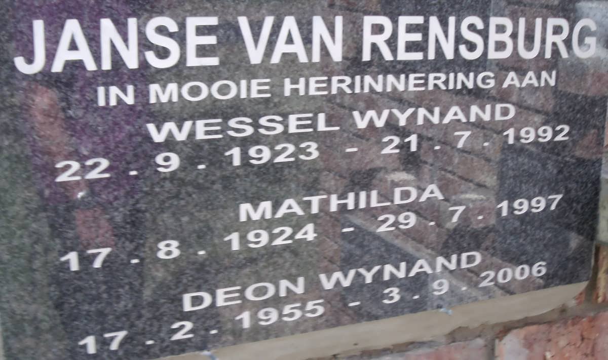 RENSBURG Wessel Wynand, Janse van 1923-1992 &amp; Mathida 1924-1997 :: JANSE VAN RENSBURG Deon Wynand 1953-2006