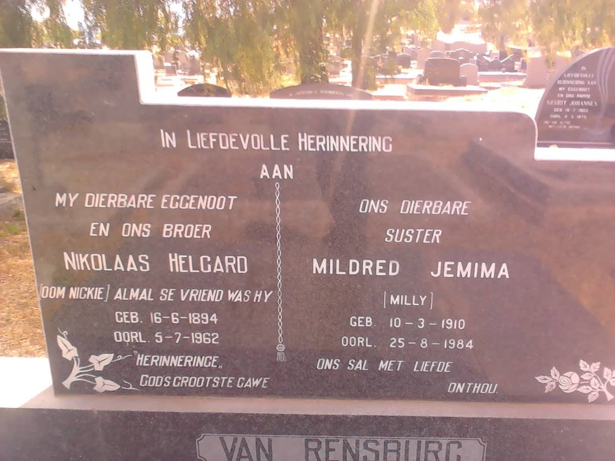 RENSBURG Nikolaas Helgard, van 1894-1962 &amp; Mildred Jemima 1910-1984