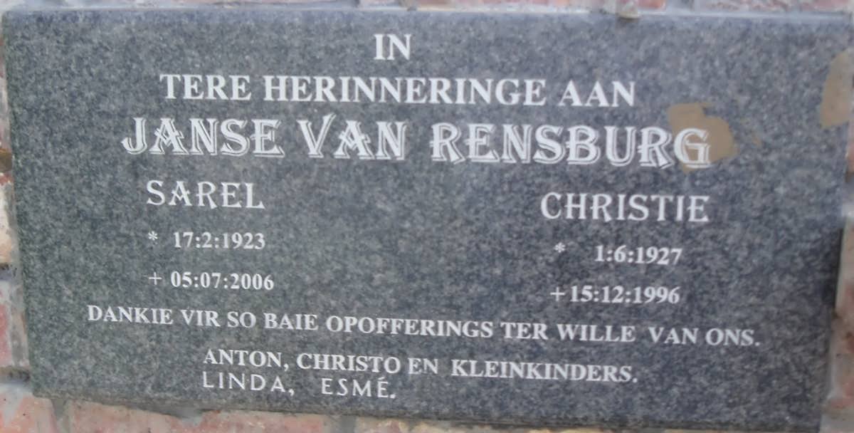 RENSBURG Sarel, Janse van 1923-2006 &amp; Christie 1927-1996