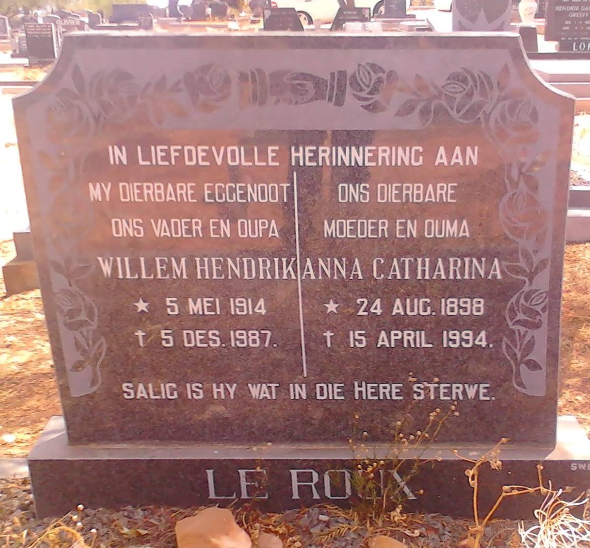 ROUX Willem Hendrik, le 1914-1987 &amp; Anna Catharina 1898-1994