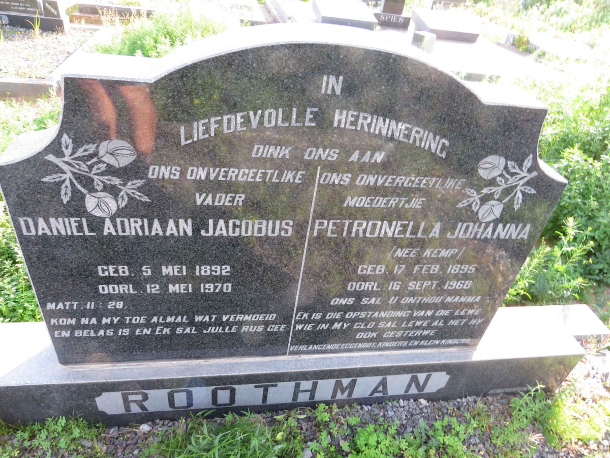 ROOTHMAN Daniel Adriaan Jacobus 1892-1970 & Petronella Johanna KEMP 1895-1968