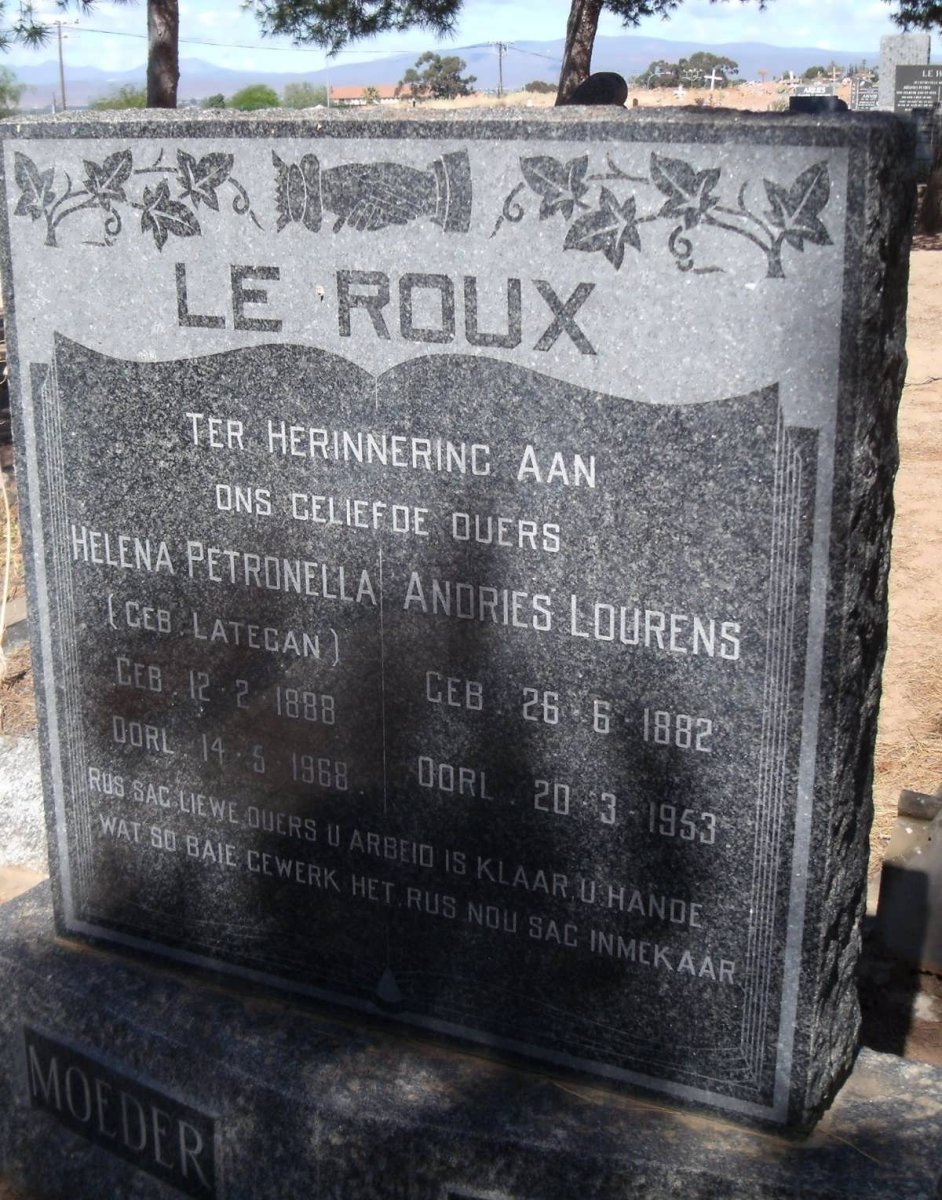 ROUX Andries Lourens, le 1882-1953 &amp; Helena Petronella LATEGAN 1888-1968