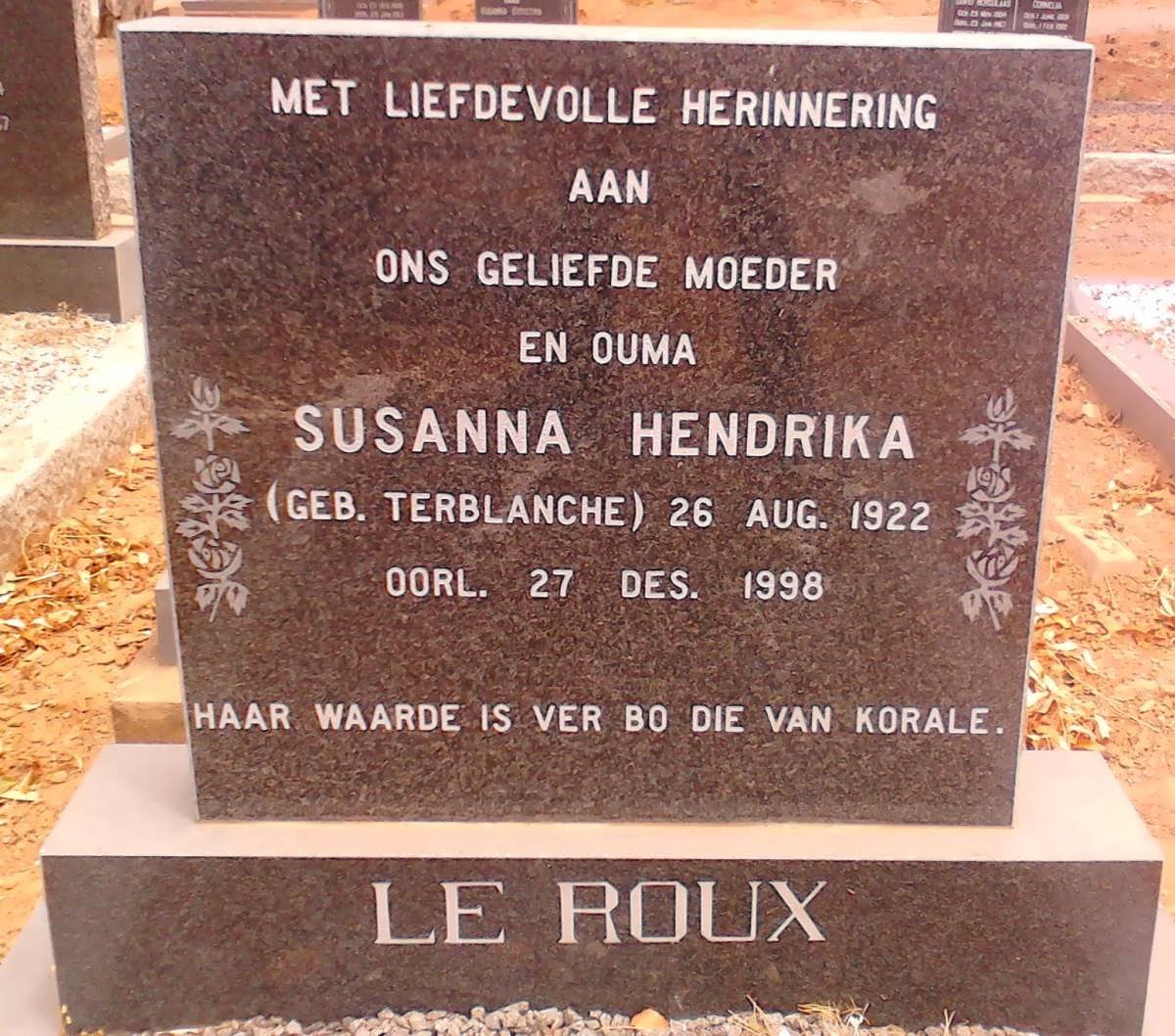 ROUX Susanna Hendrika, le nee TERBLANCHE 1922-1998
