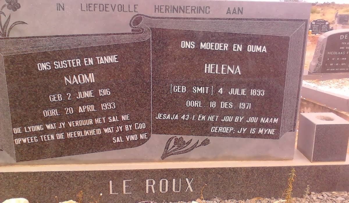 ROUX Helena, le nee SMIT 1893-1971 :: LE ROUX Naomi 1916-1993