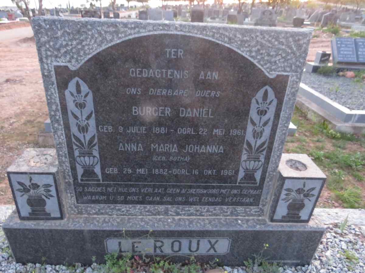 ROUX Burger Daniel, le 1881-1961 & Anna Maria Johanna BOTHA 1882-1961