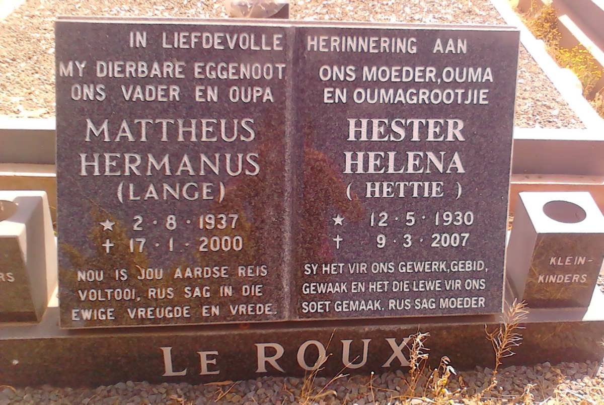 ROUX Mattheus Hermanus, le 1937-2000 &amp; Hester Helena 1930-2007