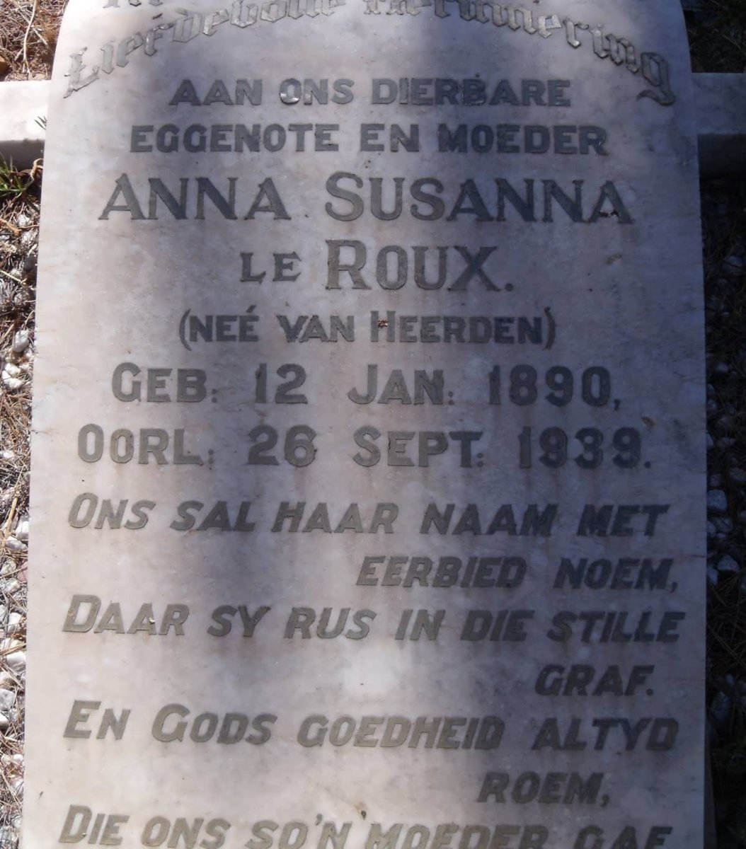 ROUX Anna Susanna nee VAN HEERDEN, le 1890-1939