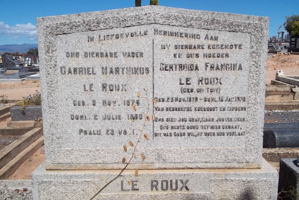 ROUX Gabriel Marthinus, le 1874-1960 &amp; Gertruida Francina du TOIT 1879-1958